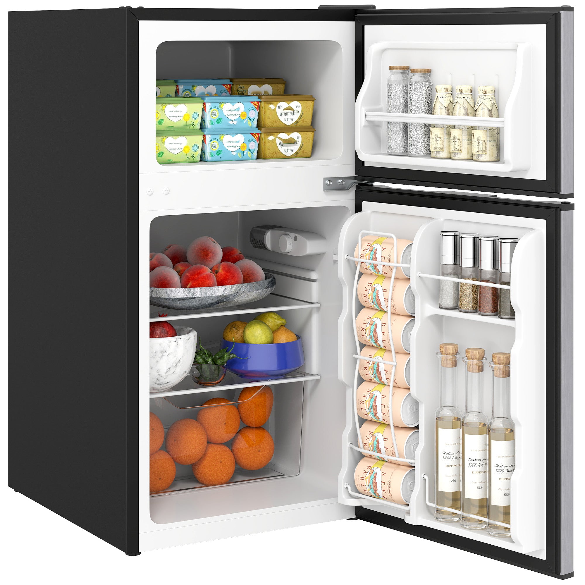 3.2 Cu.Ft Mini Fridge with Freezer, Double Door Compact Refrigerator with Adjustable Thermostat, Shelf and Reversible Door for Bedroom, Dorm, Home Office, Energy Efficient, Black