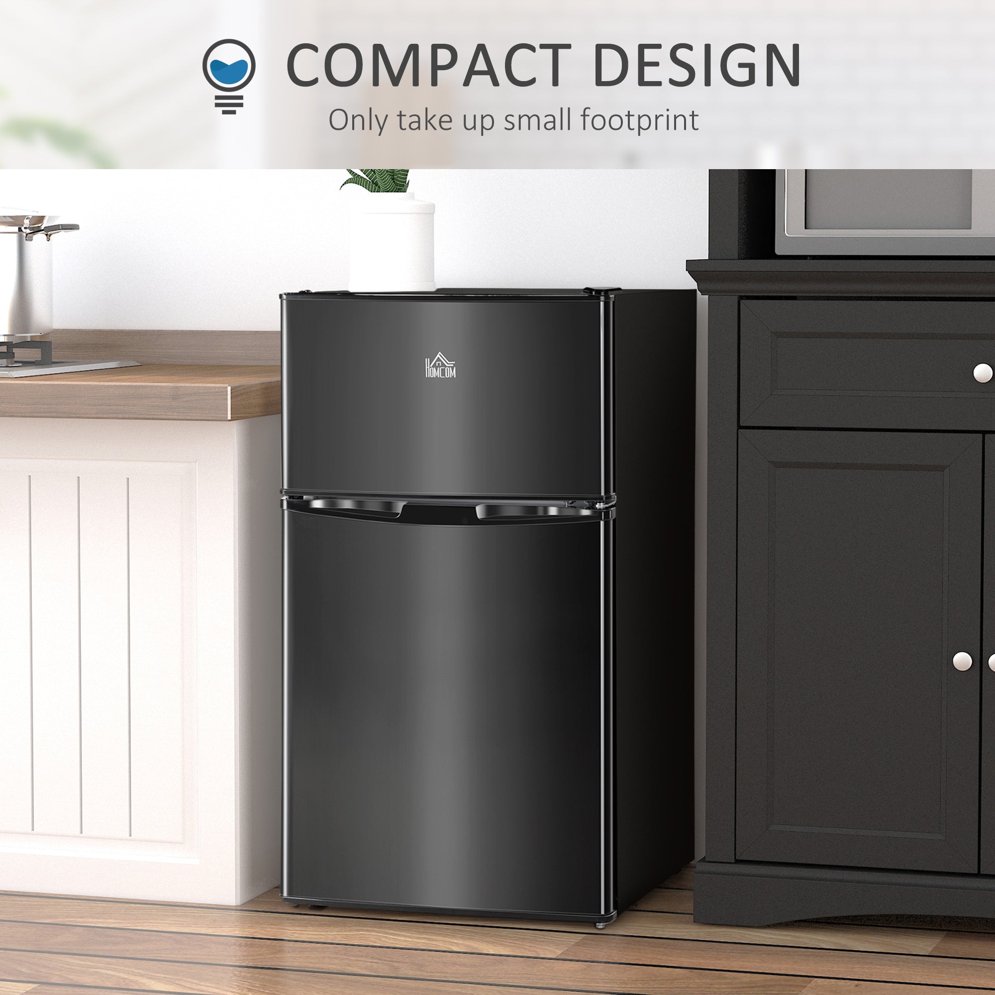 3.2 Cu.Ft Mini Fridge with Freezer, Double Door Compact Refrigerator with Adjustable Thermostat, Shelf and Reversible Door for Bedroom, Dorm, Home Office, Energy Efficient, Black